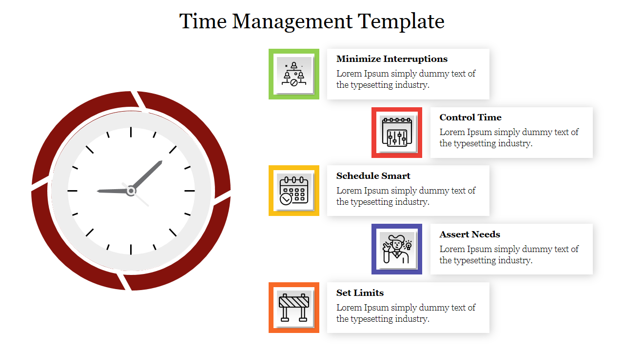 Red accented clock on the left, connected to five vibrant icons with corresponding text boxes on a clean white background.