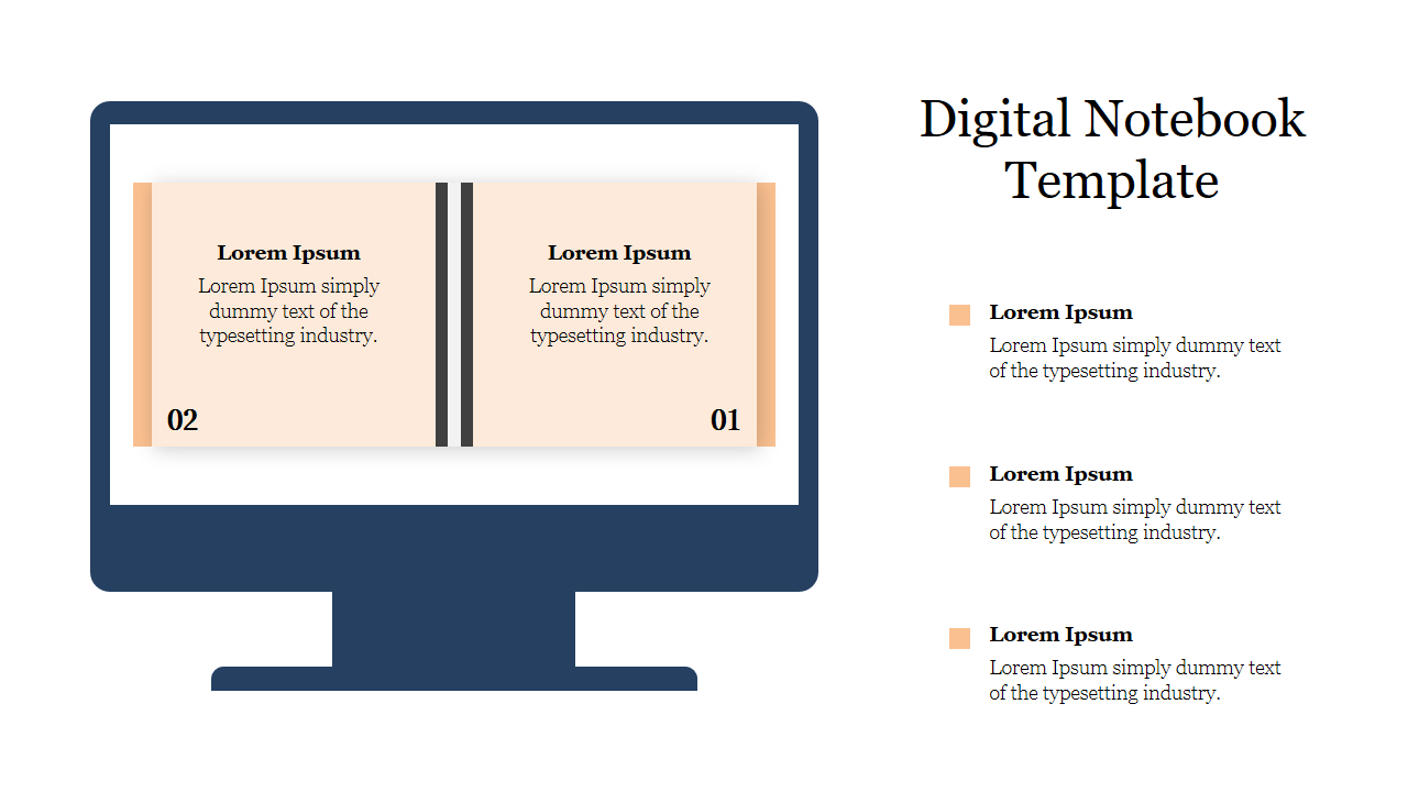 Monitor graphic with an open notebook featuring numbered beige pages, alongside three text boxes on the right.