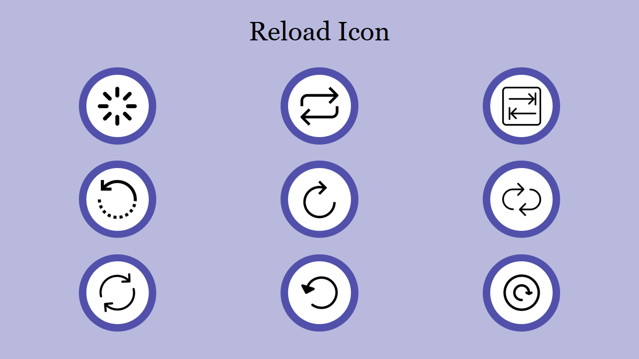 Set of reload and refresh icons in circular shapes with black arrows, showcasing different styles.