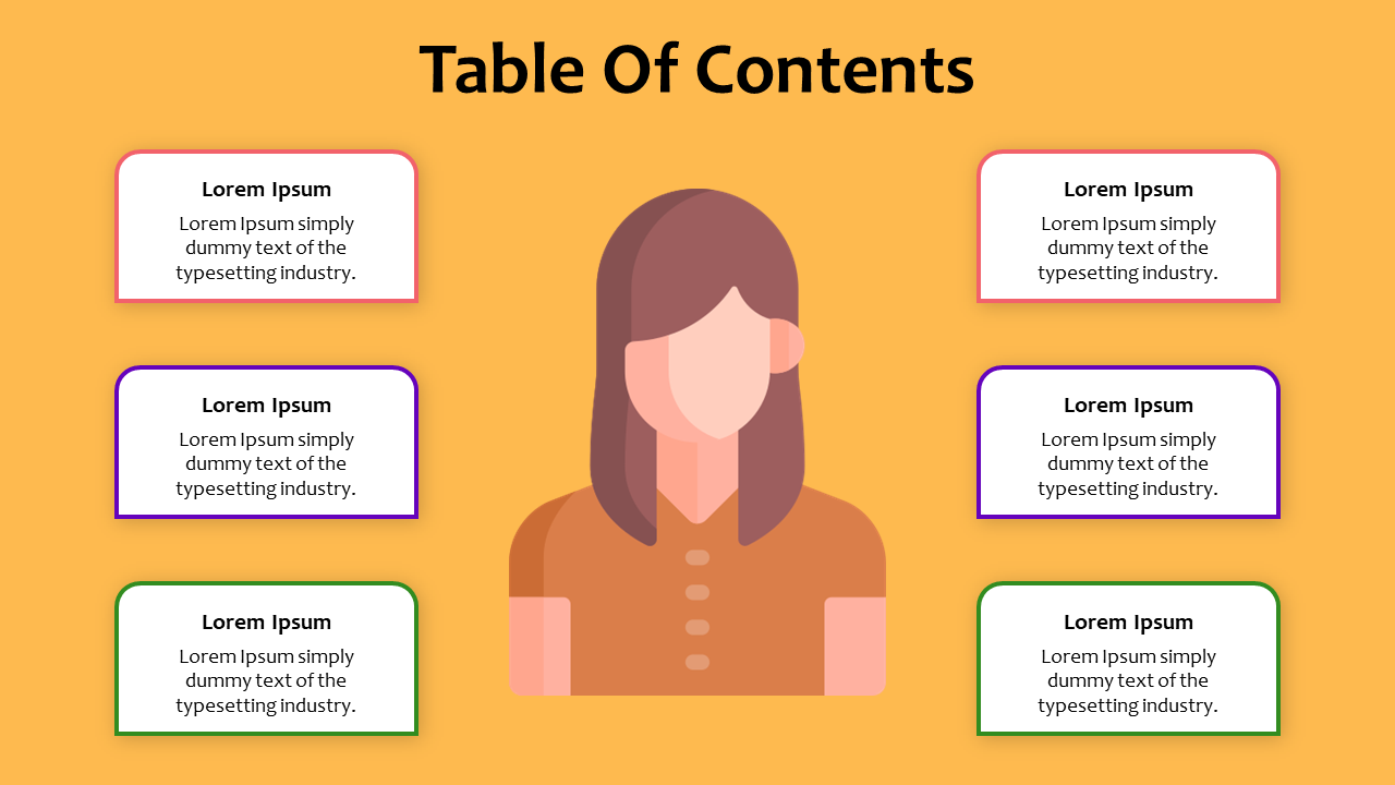 Table of contents slide layout with six colorful boxes for sections and an illustrated character in the center.