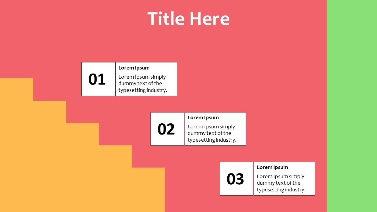 Split slide with yellow stepped design, pink with three numbered boxes and a right green sidebar.