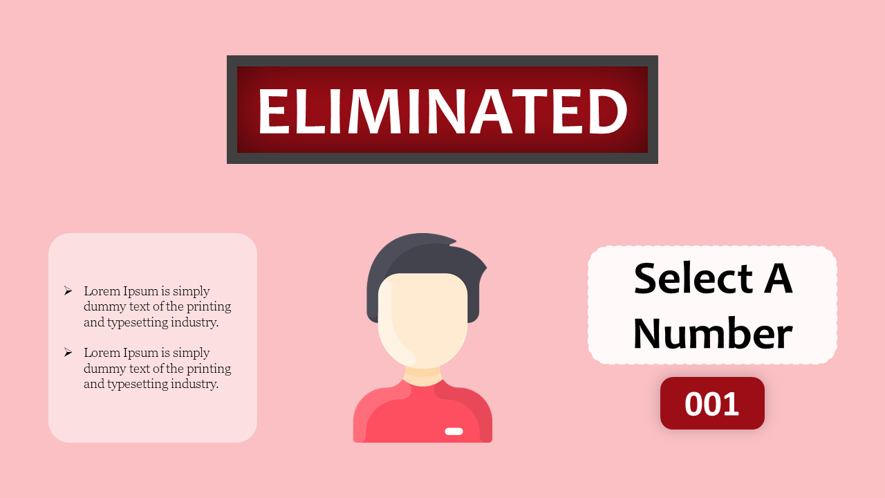 Game themed PowerPoint slide showing an eliminated label with a character and a Select A Number button on a pink theme.