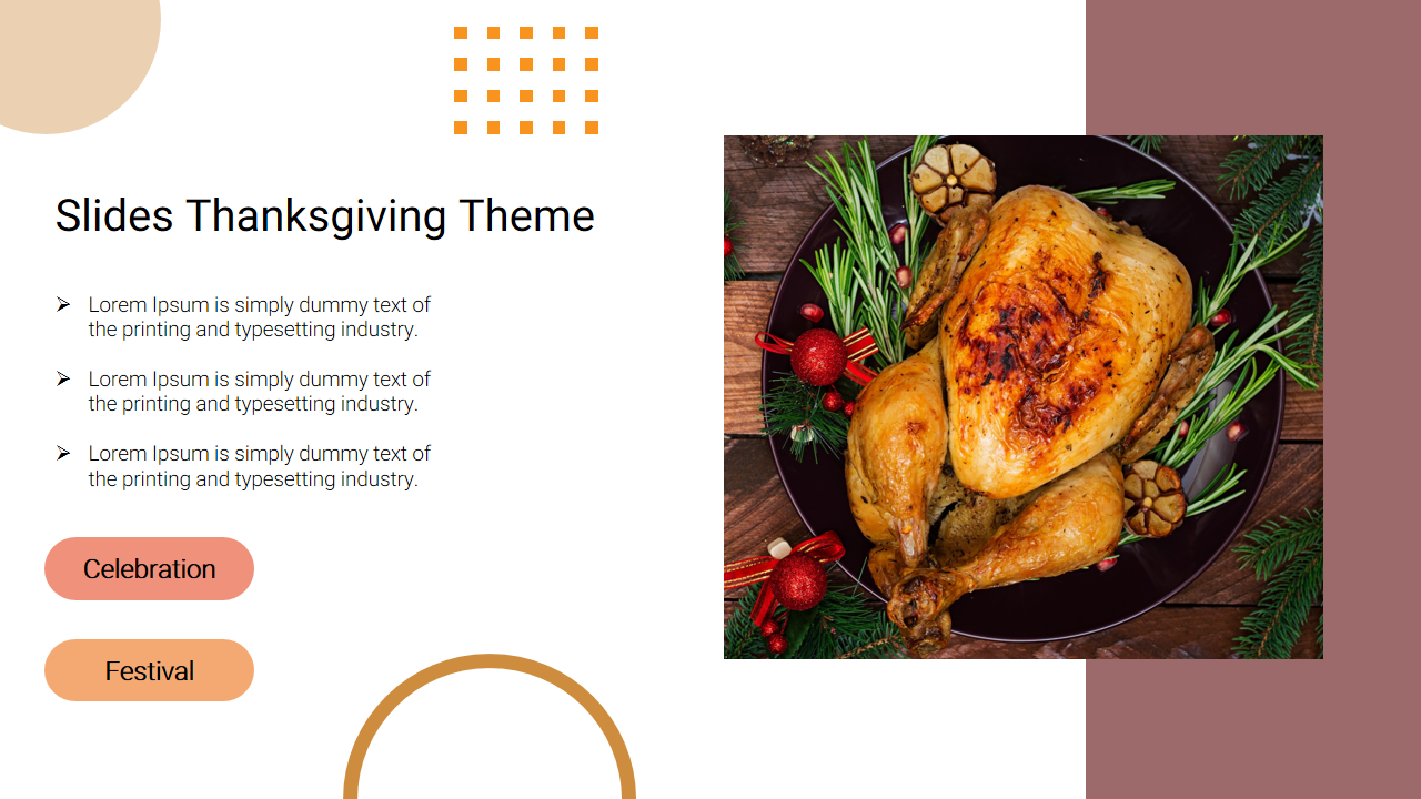 Thanksgiving Theme with an image of a roasted turkey garnished with herbs and vegetables, alongside placeholder text areas.