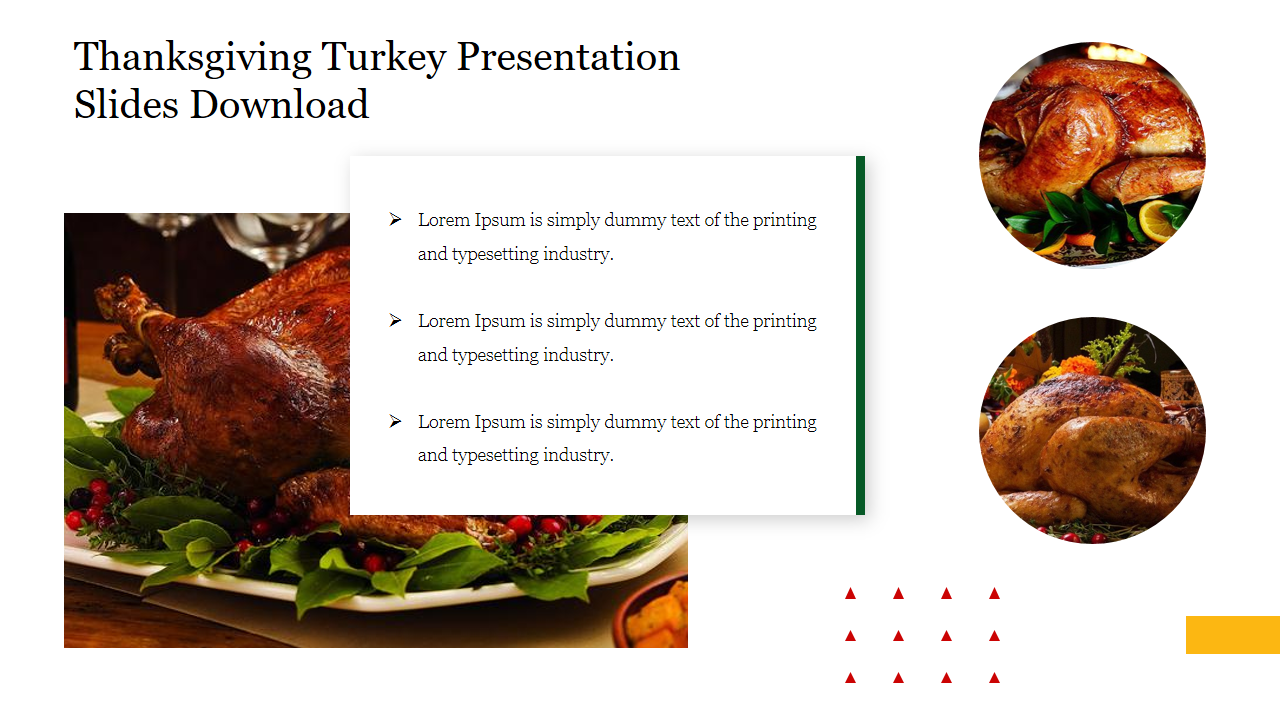 Thanksgiving-themed slide displaying a roasted turkey on a platter, with circular images and placeholder text areas.