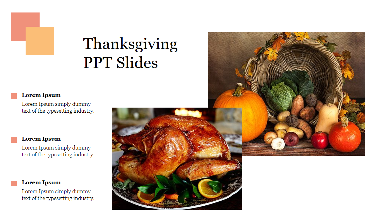 Thanksgiving slide featuring a photo of a roast turkey and a cornucopia of seasonal vegetables, with caption areas. 