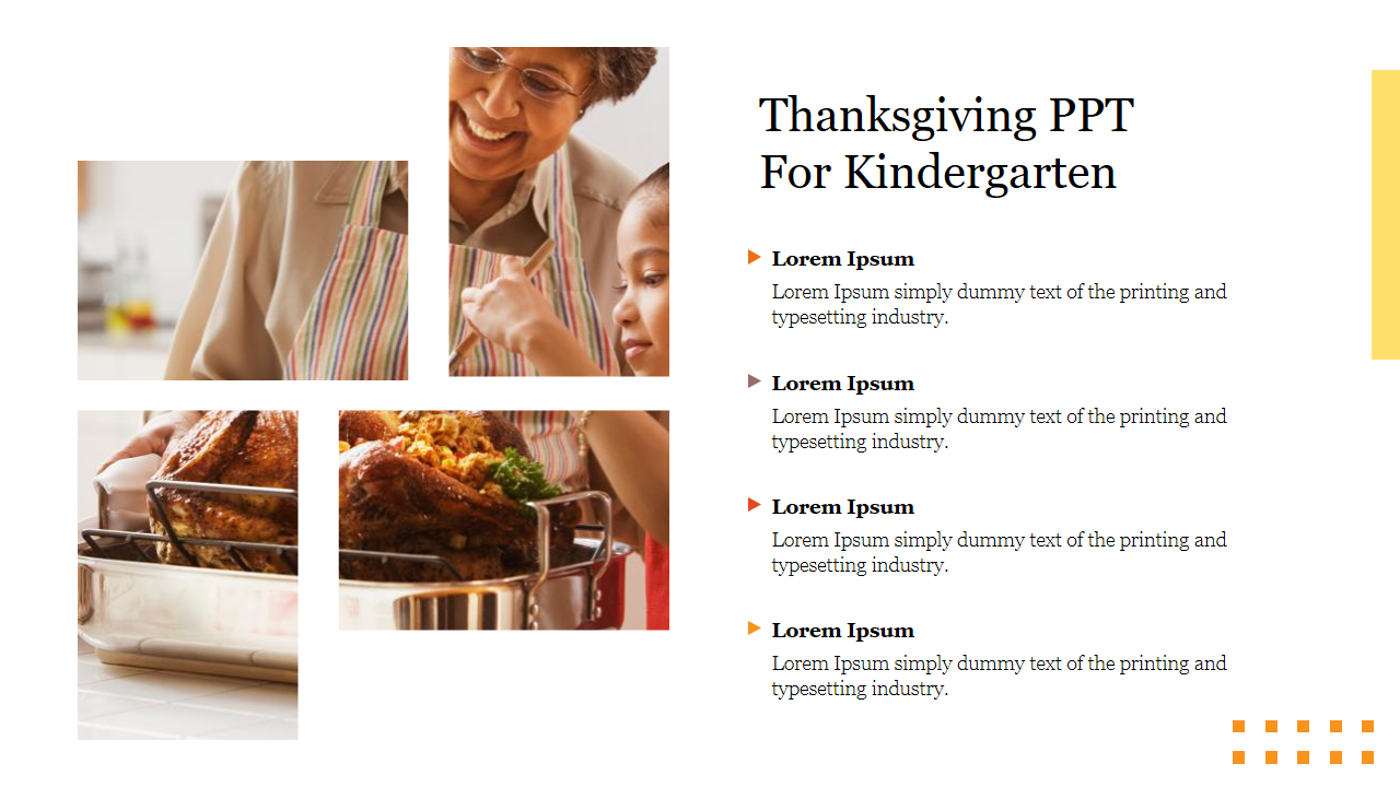 Slide featuring Thanksgiving cooking images, including a family and a roasted turkey, with a section of caption areas.