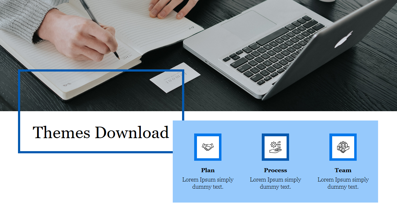 PPT slide themes, with sections labeled Plan, Process, and Team with brief text descriptions on a laptop with a pen backdrop.