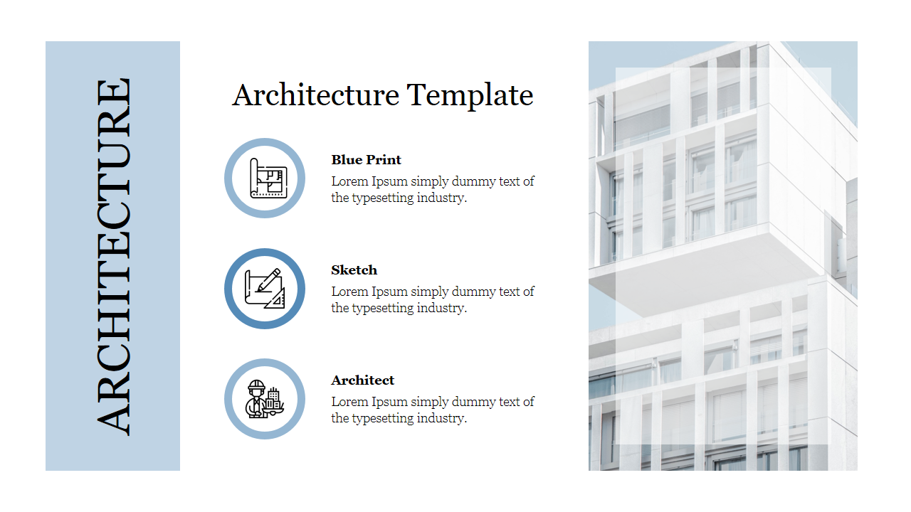 Architecture themed template with three blue framed icons and text, alongside an image of a modern building.