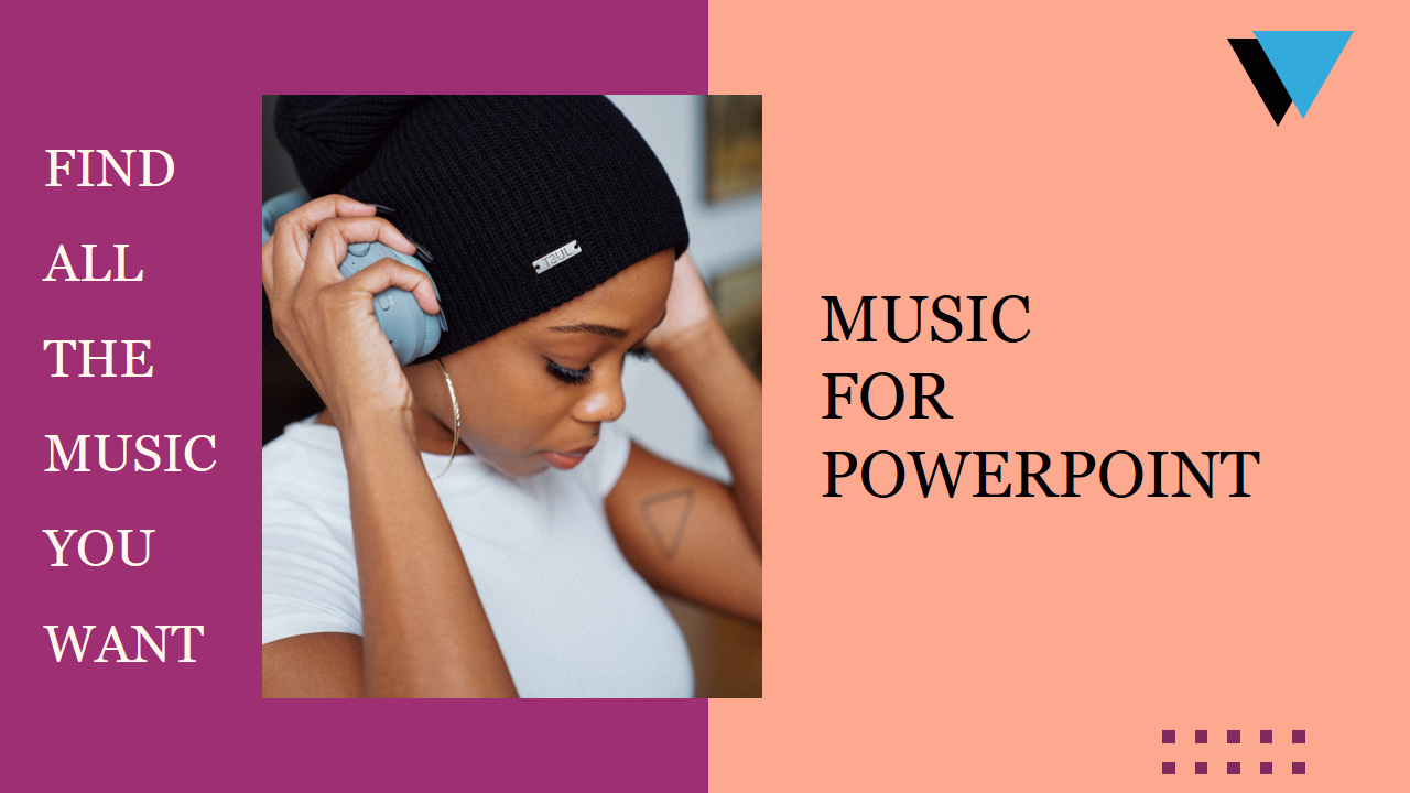 PowerPoint slide promoting free music with an image of a person listening to headphones on a split color backdrop.