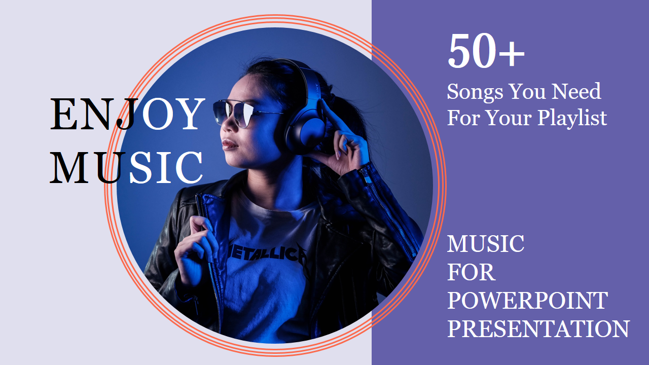 Slide featuring a person in stylish attire listening to music, with prominent titles for a music-themed presentation.