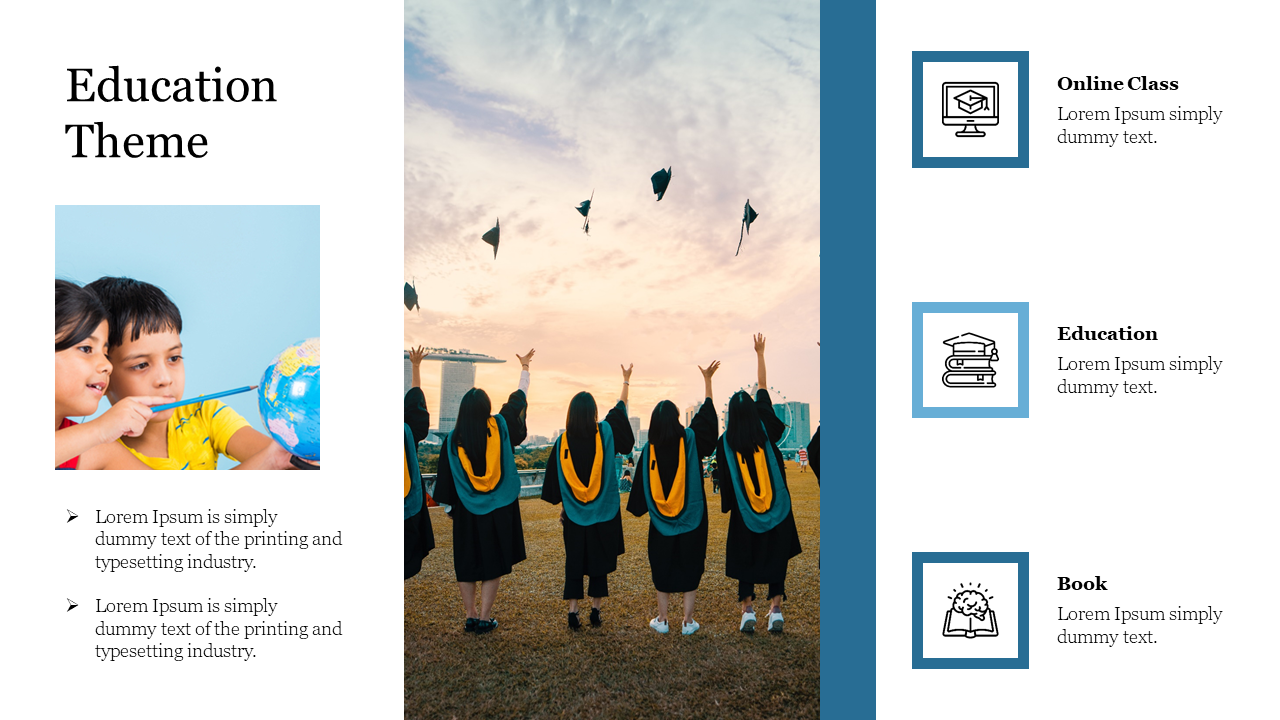 Split layout with kids examining a globe, graduates throwing hats, and three education themed icons on the right.