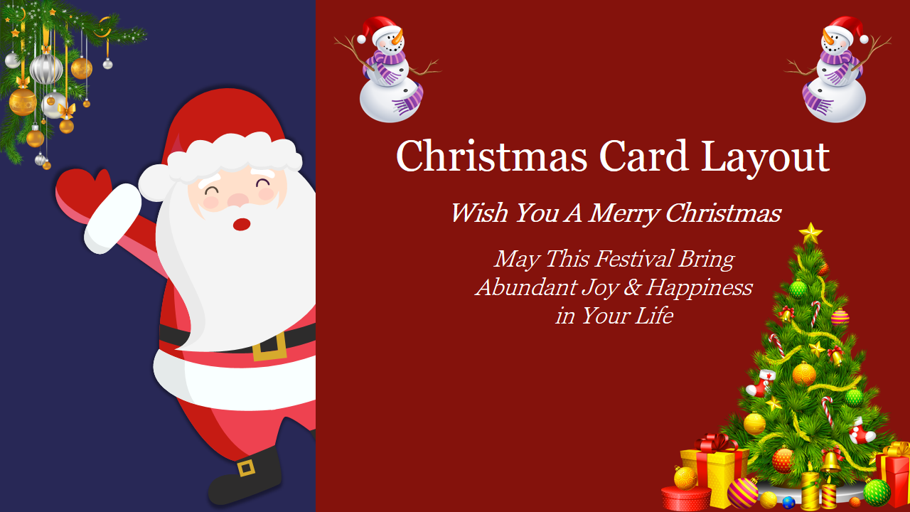 Christmas card design featuring a playful Santa, a decorated tree, and cheerful snowmen, with a warm greeting.