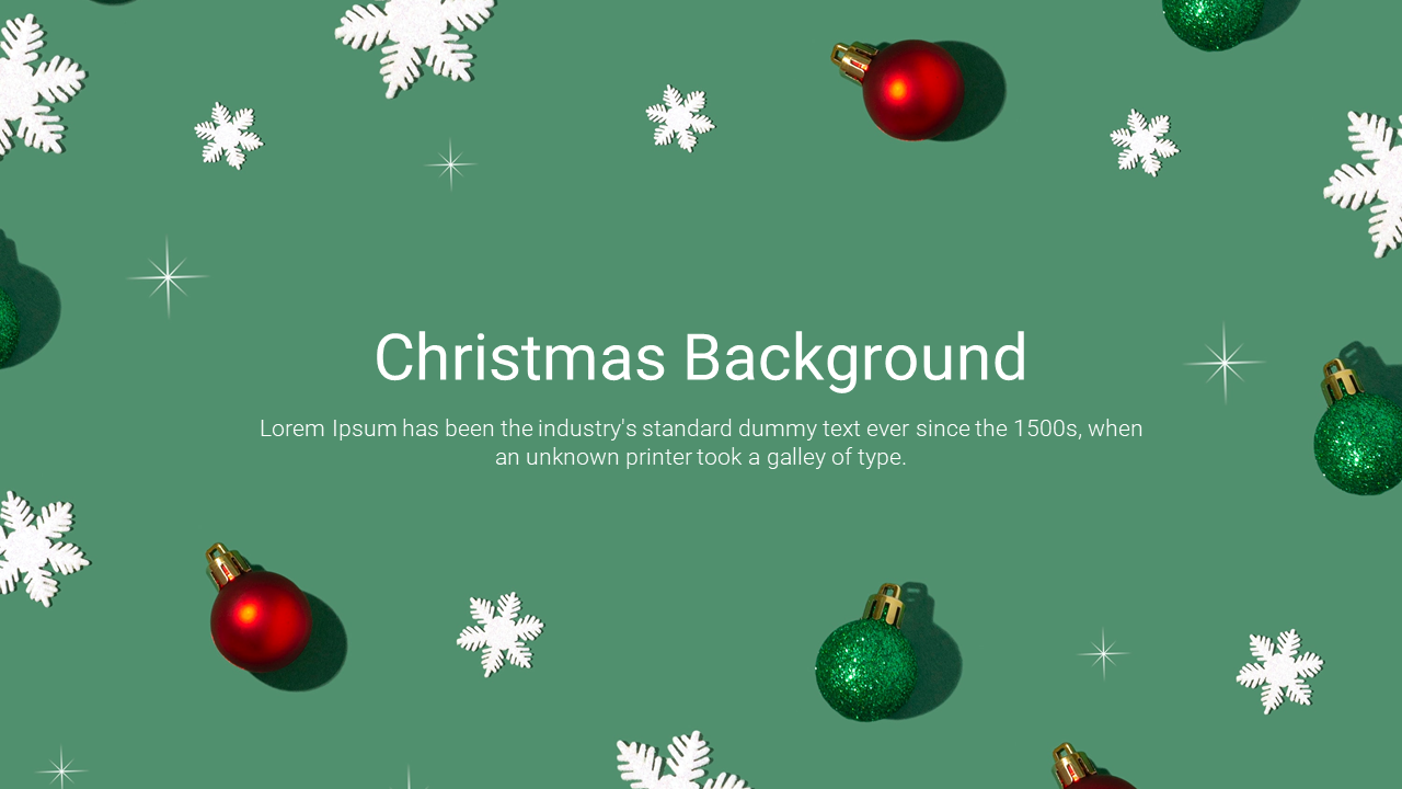 Festive christmas background slide featuring colorful ornaments and snowflakes on a green backdrop.