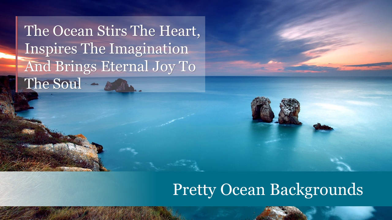 Tranquil ocean scene at sunset with rocks in the distance, featuring an inspirational quote and a caption below.