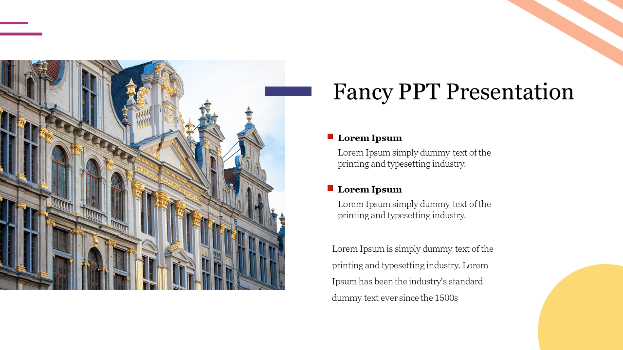 Slide from a fancy PPT with a grand building photo on the left and text sections on the right.