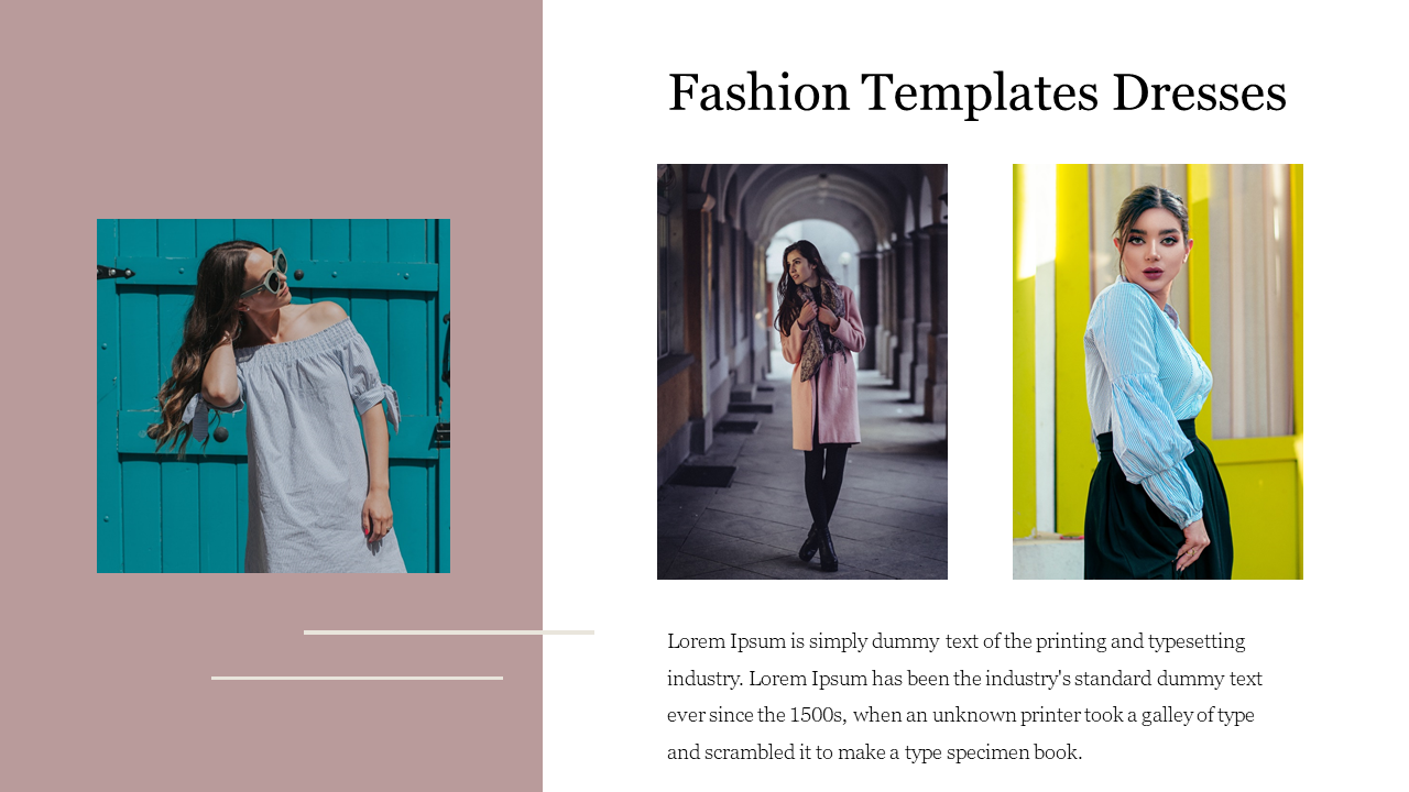 Fashion slide with images of models in various dress styles, set against colorful and architectural backdrops.