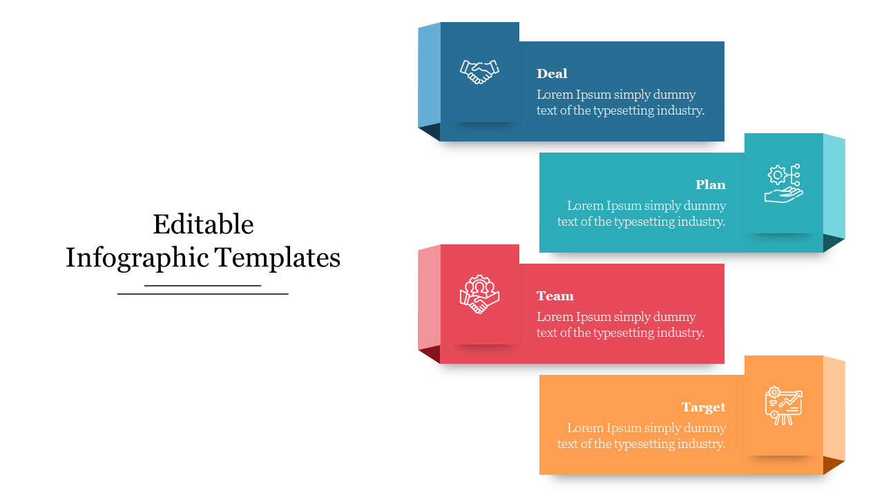 Colorful infographic with four rectangular blocks and icons, arranged in a clean, vertical layout.