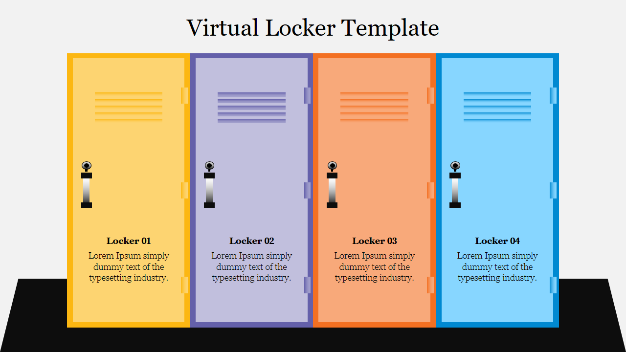 An illustration of four colorful lockers yellow, purple, orange, and blue labeled locker 01 to locker 04 with text area.