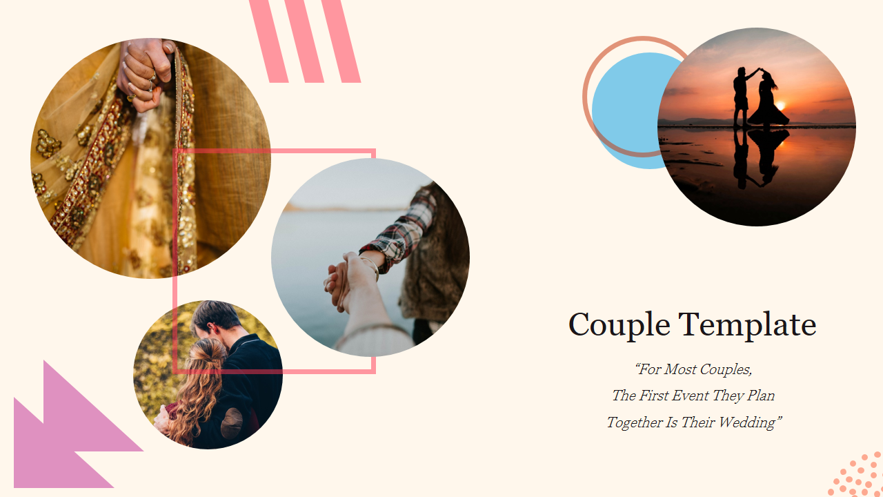 Four circular images of couples holding hands and embracing, with pink and blue geometric shapes, and text on the right.