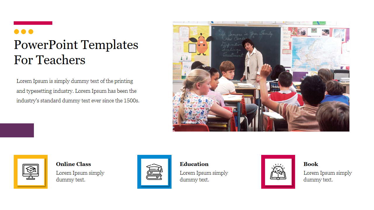 Teacher-themed slide with information on PowerPoint templates and an image of a classroom with students and a teacher.