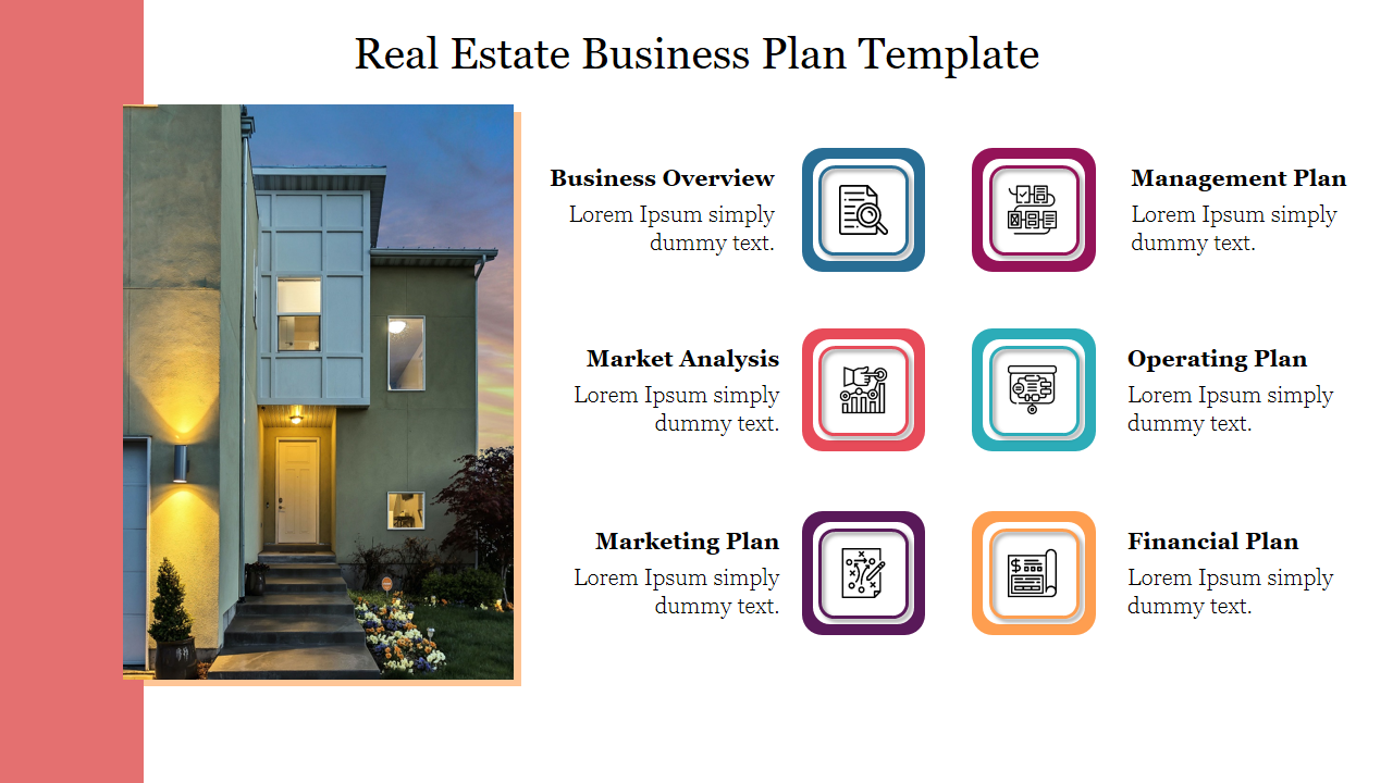 A house with exterior lighting at dusk, alongside six vibrant icons representing real estate business plan.