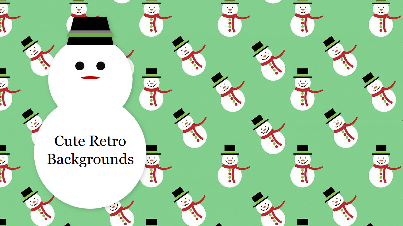 Retro background slide featuring a pattern of snowmen with top hats and scarves on a green backdrop, with a title text.