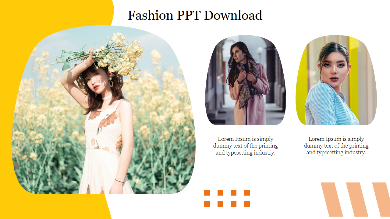 Fashion slide showcasing a floral themed photo, two stylish portraits, accented with yellow and orange shapes.