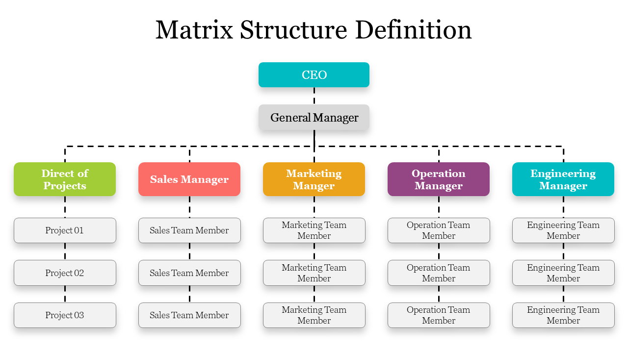 Organizational chart depicting a matrix structure with roles like CEO, General Manager, and various department managers.