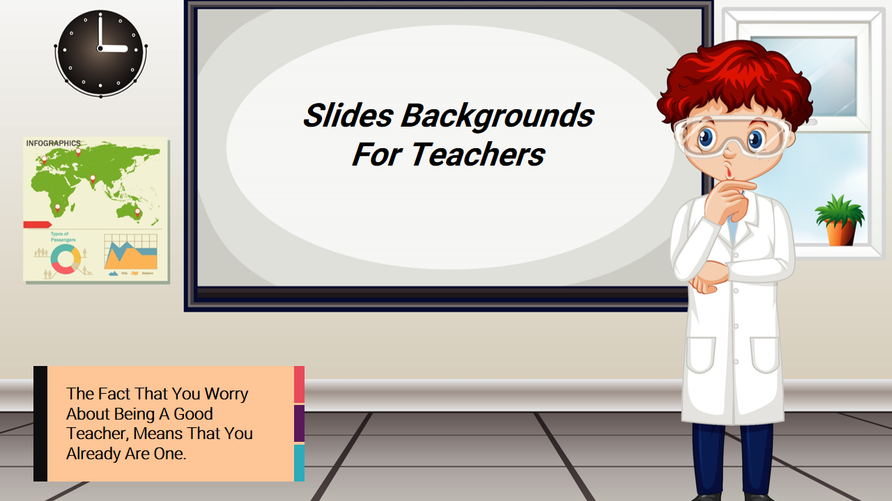 Cartoon character of a teacher standing in a classroom, with a presentation screen and a world map infographic.