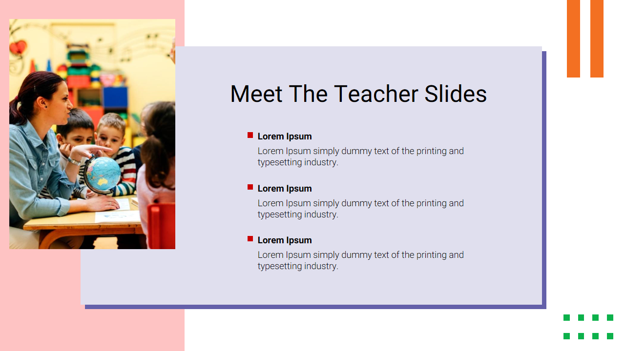 PowerPoint slide with a teacher presenting to children, with placeholder text and a colorful background.