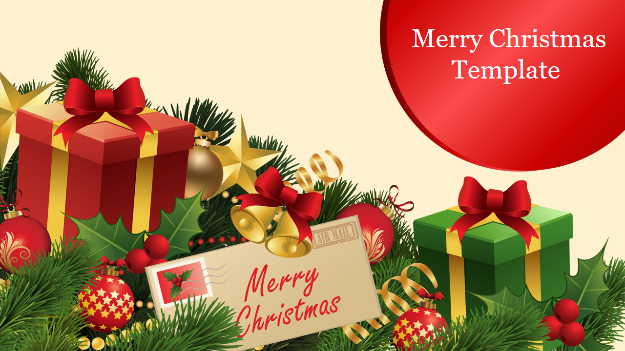 Merry Christmas PPT template featuring decorated gifts, bells, and holiday foliage with a red circle label.