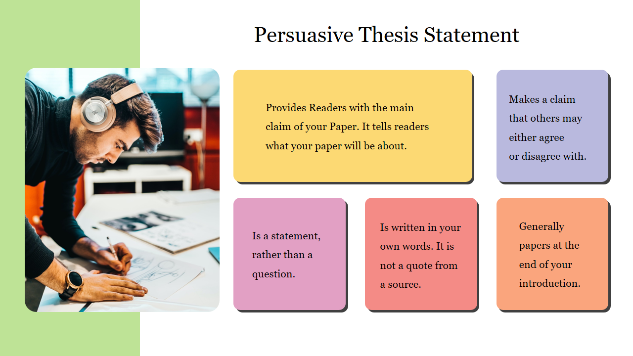 A person working on a paper with headphones illustrates the importance of a persuasive thesis statement in writing.