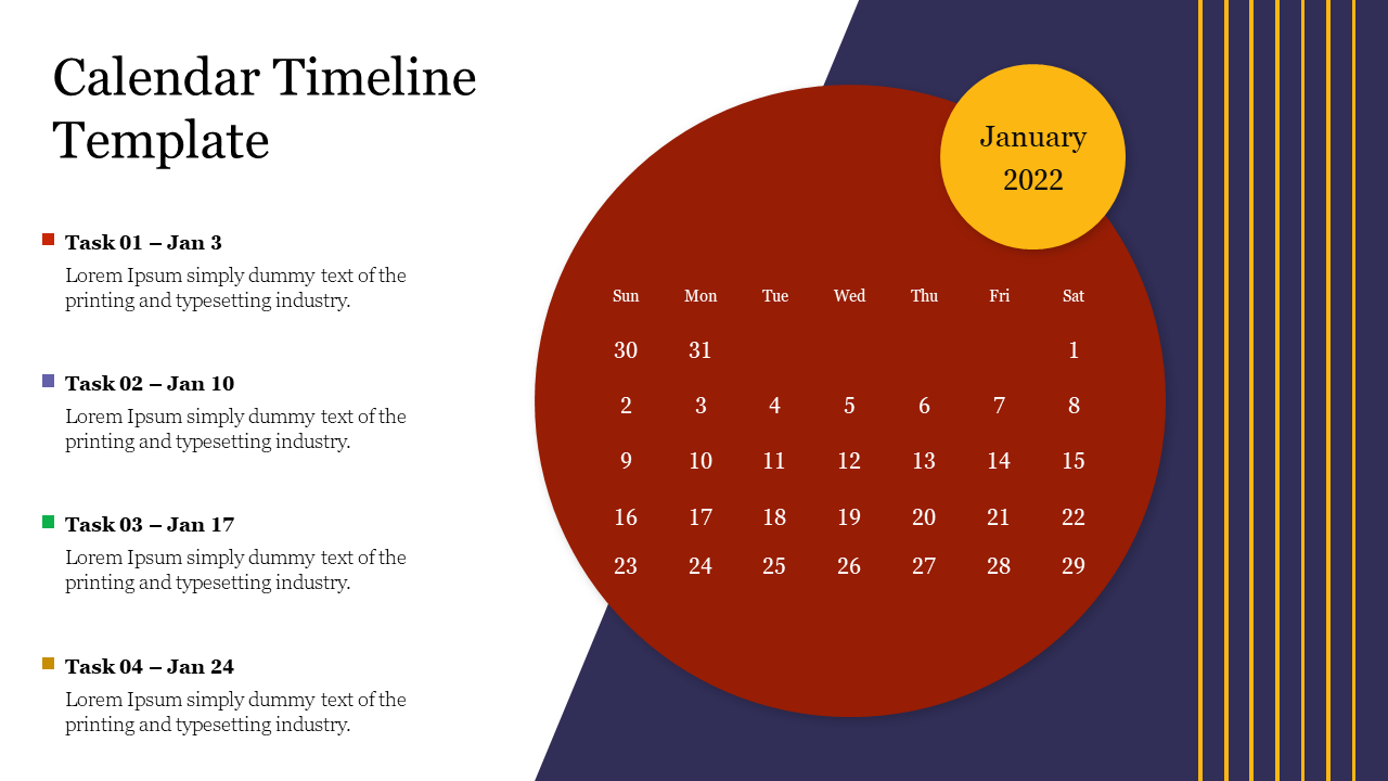 Template with a red circular calendar for January 2022, and four tasks highlighted in red, purple, green, and yellow.