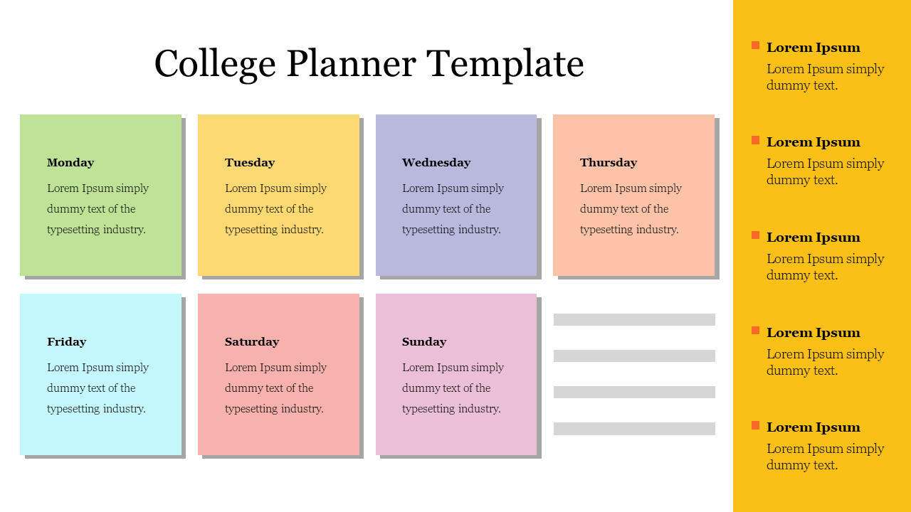 Weekly college planner template with color coded boxes for each day from monday to sunday, featuring a notes section.