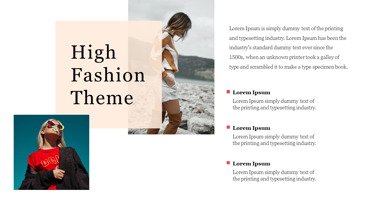 Fashion themed layout with two model images on the left and text content on the right side, featuring a beige overlay.