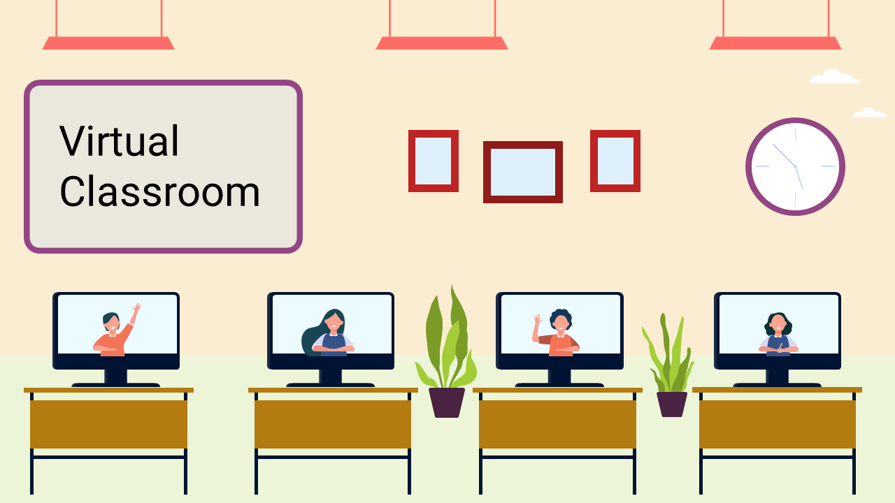 Illustration of a virtual classroom setup with four computer monitors displaying students in an online learning environment.