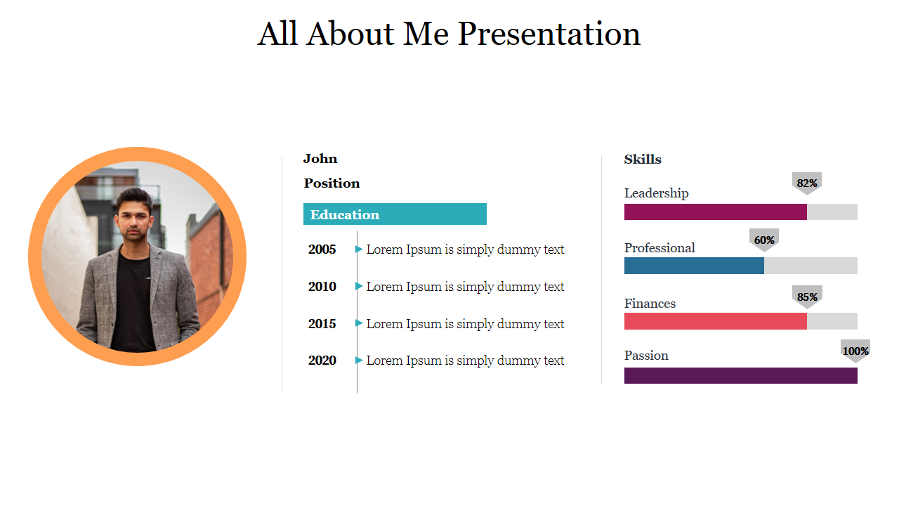 About me slide showcasing a circular photo, educational milestones, and a skill proficiency bar chart.