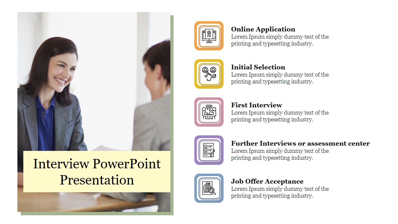 Interview slide featuring a professional image of a smiling candidate and sections outlining the interview process steps.