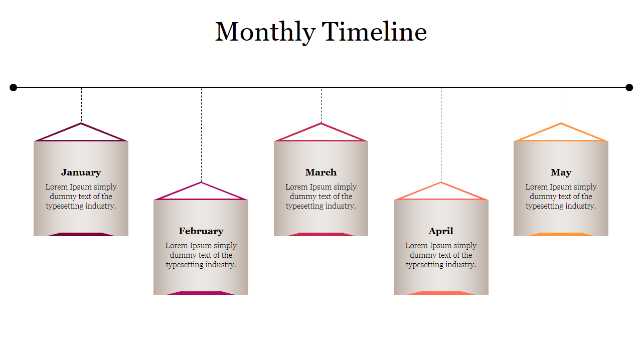 Monthly timeline featuring pentagonal shapes hanging on a line, labeled from January to May with placeholder text.