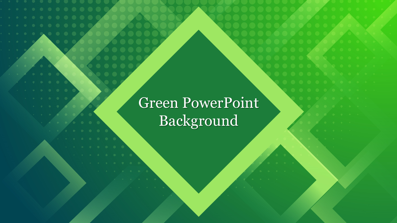 Abstract green PowerPoint background featuring overlapping squares of various shades of green and a central text box.