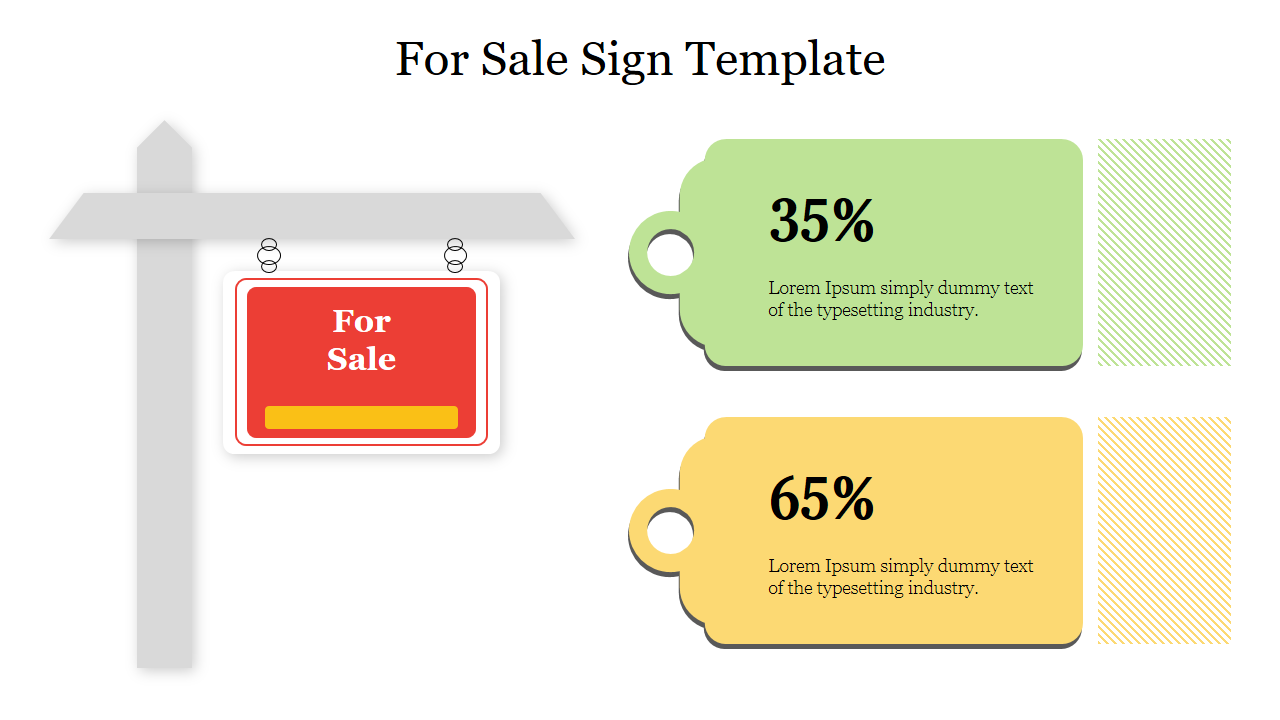 For sale signpost graphic with two price tags and caption areas in green and yellow, displaying percentages.