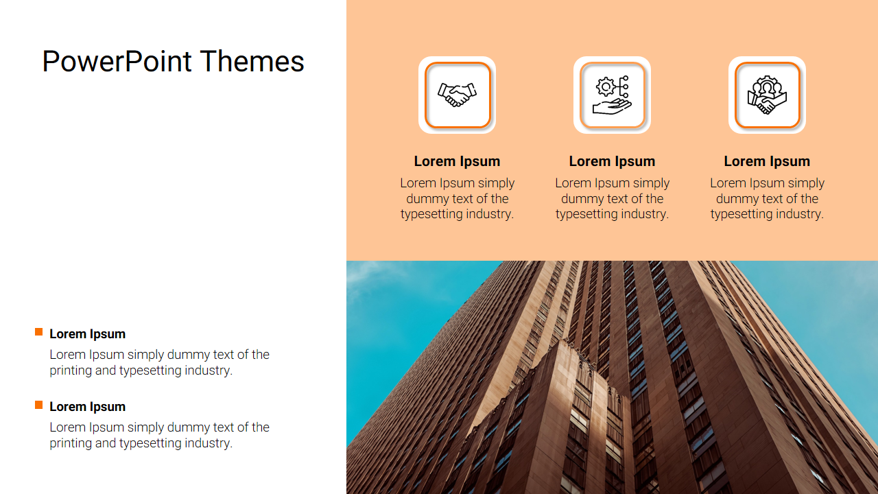 PowerPoint theme slide with icons for handshake, gear, and book, with a photo of a tall building in the lower section.