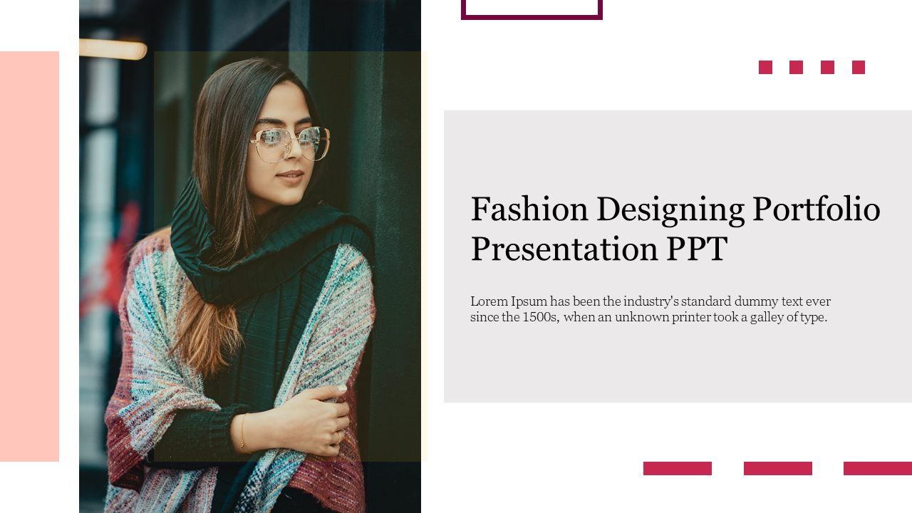 Fashion designing portfolio cover slide featuring a fashionable woman in cozy attire.