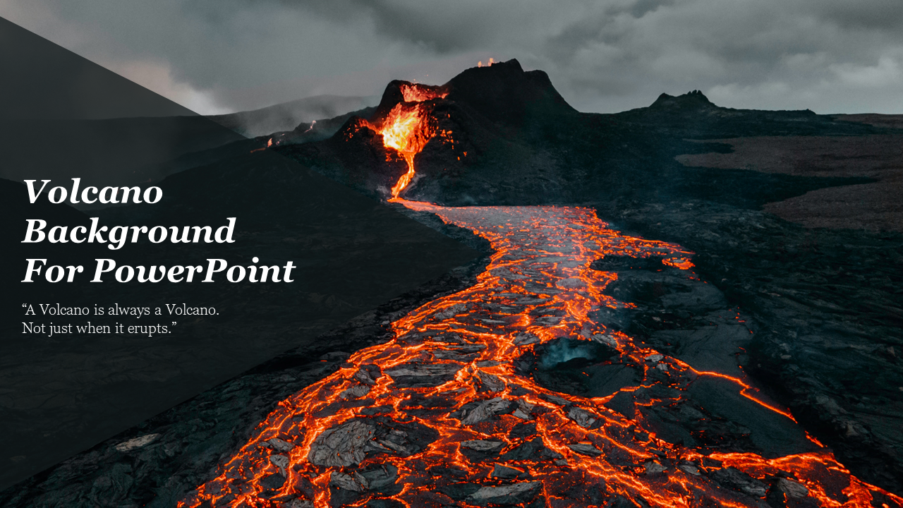 An erupting volcano with a bright lava flowing down, under a dark cloudy sky, with a text overlay on the left.