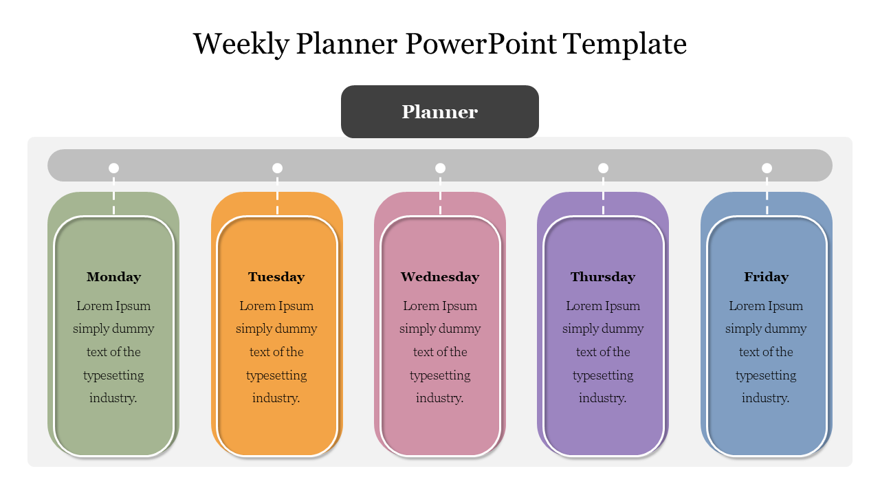 Weekly planner slide with five vertical columns, in green, orange, pink, purple, and blue, labeled Monday to Friday.