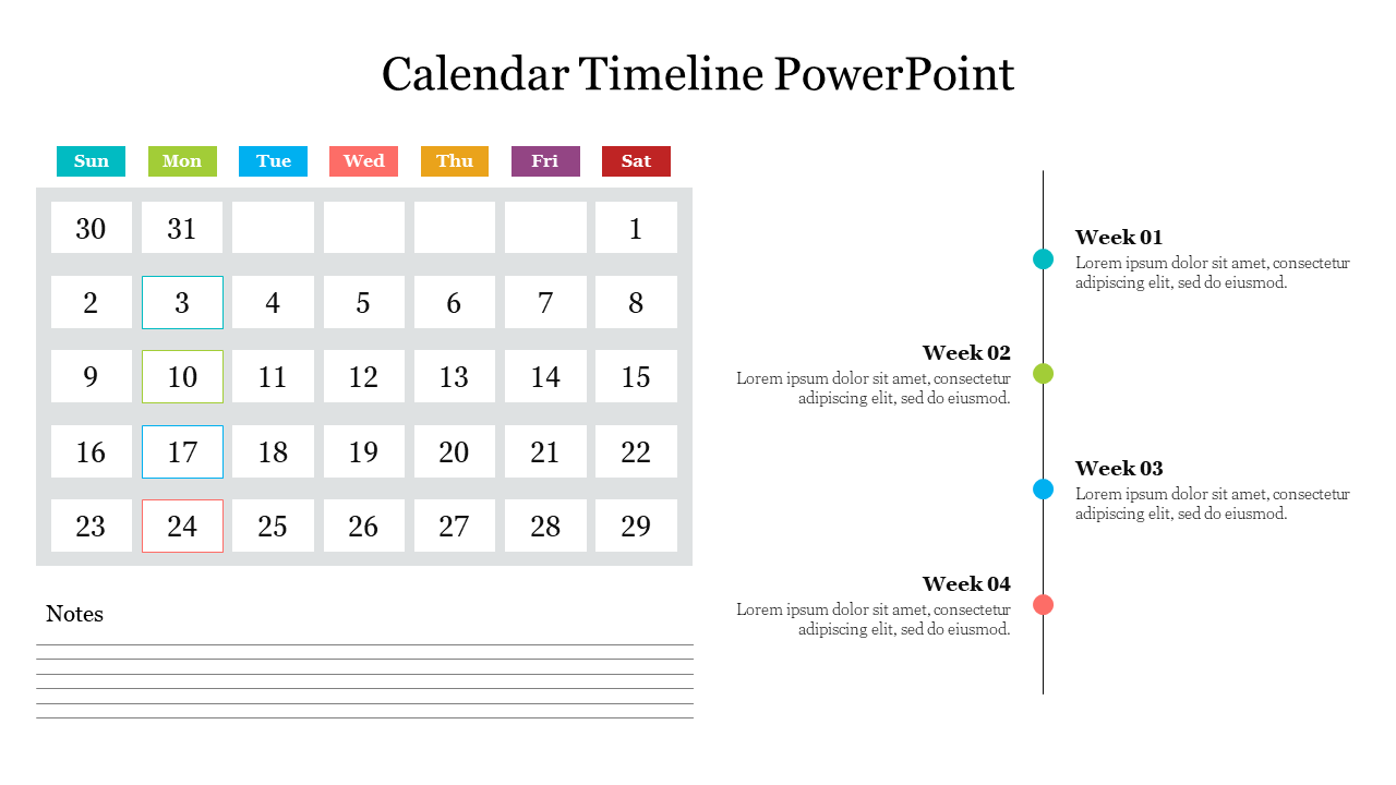 Interactive calendar timeline slide with weekly sections for notes and planning, showcasing days of the month.