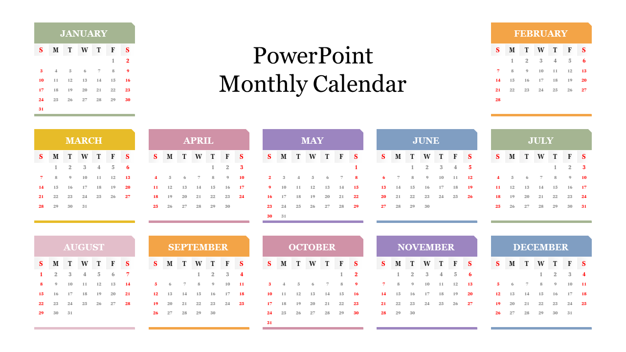 Monthly calendar layout with 12 colorful boxes, each representing a month from January to December.