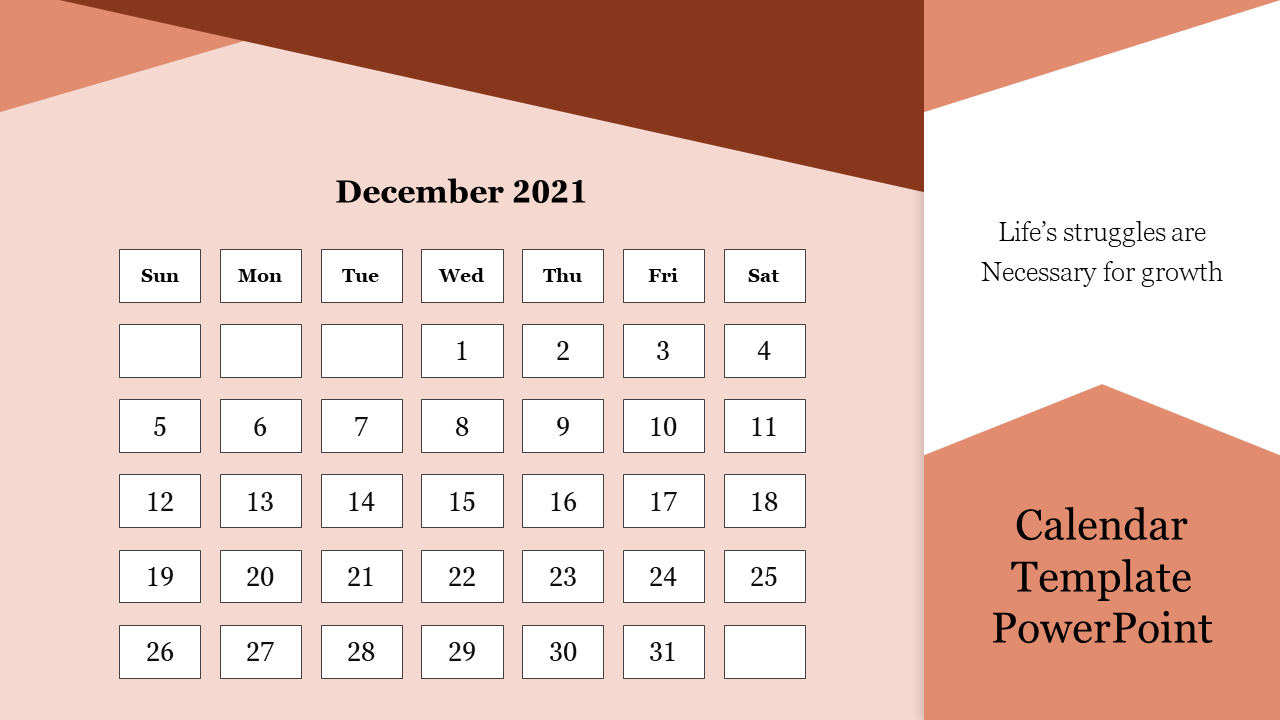 PowerPoint template for the December 2021 calendar with a motivational quote on the side and space for custom events.