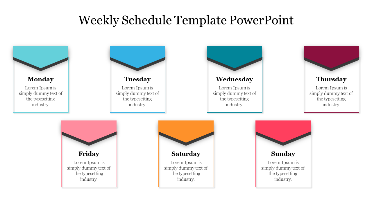 Weekly schedule slide with colored boxes for each day of the week, from monday to sunday.