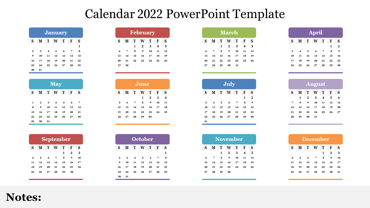 2022 calendar template with a grid layout for each month, featuring colorful headers in blue, red, green, and purple shades.